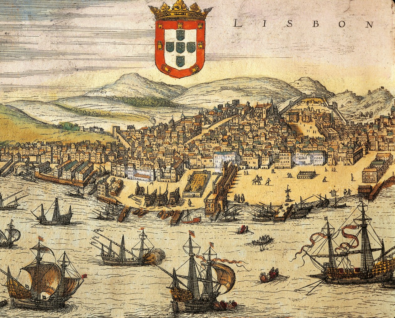 Karta över staden Lissabon, från Civitates Orbis Terrarum av Georg Braun och Franz Hogenberg, gravyr av Georg Braun and Hogenberg Franz
