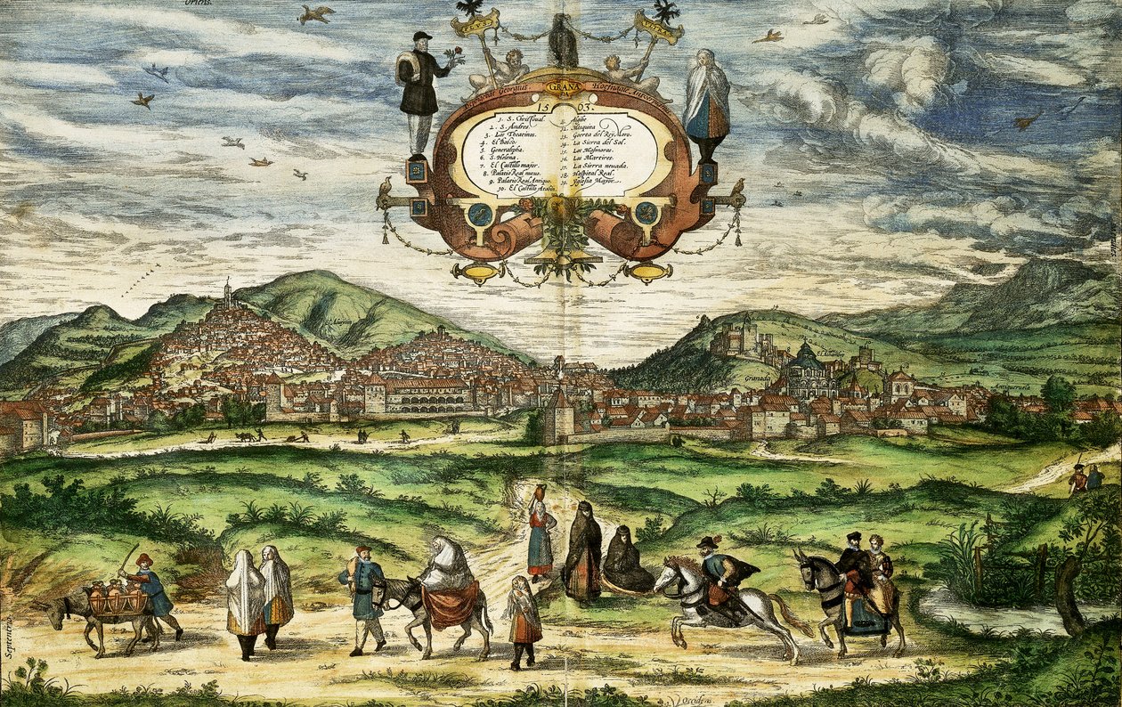 Karta över Granada, från "Cities of the World" (färgad gravyr) av Georg Braun and Hogenberg Franz