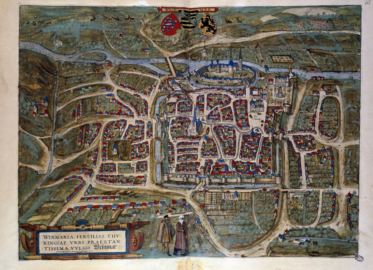 Karta över den tyska staden Weimar. Gravyr från atlasen över "Braun och Hogenberg" 1572 av Georg Braun and Hogenberg Franz