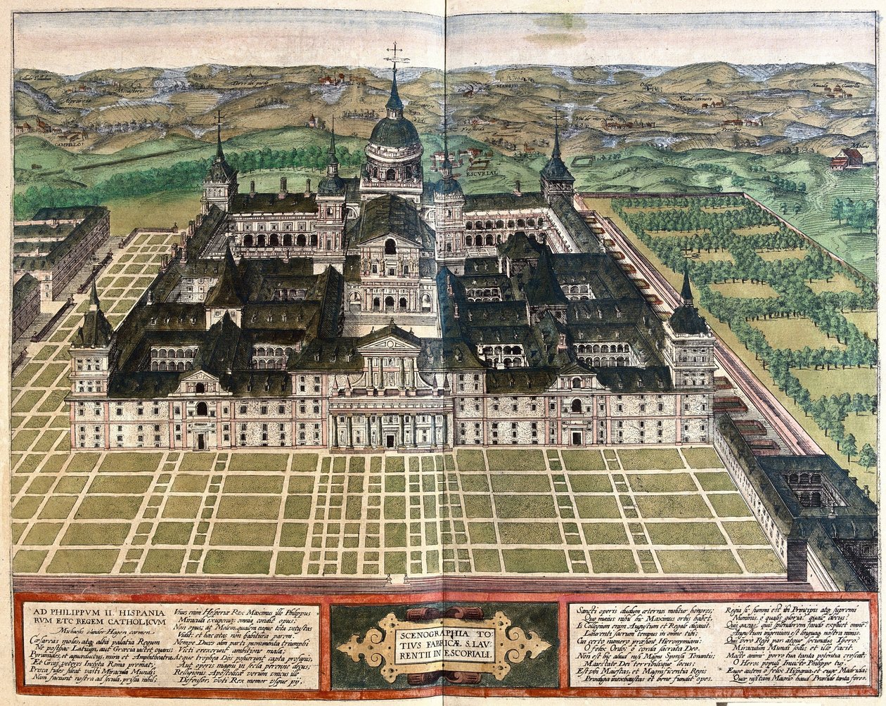 Kloster (Kung Filip II:s palats), Spanien (gravyr av Georg Braun and Hogenberg Franz