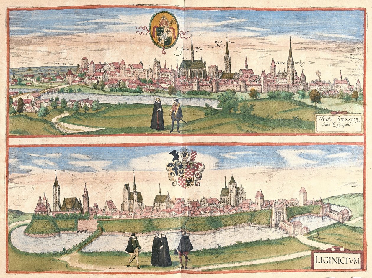 Nysa och Legnica (Legnica), Polen (gravyr av Georg Braun and Hogenberg Franz