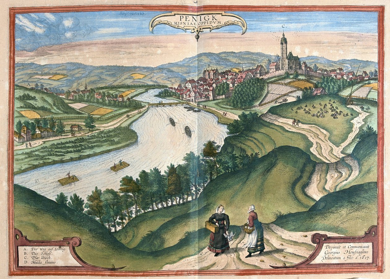 Penig, Sachsen, Tyskland (gravyr av Georg Braun and Hogenberg Franz