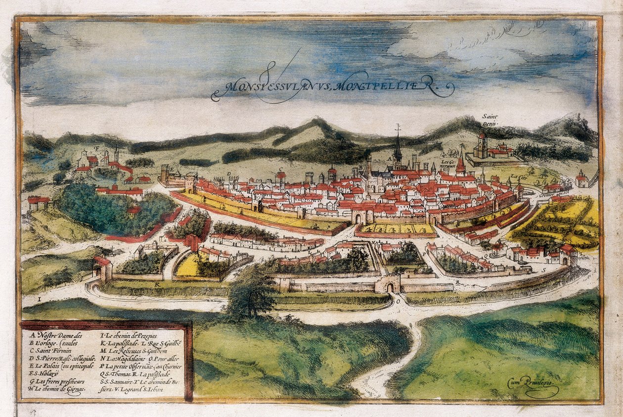 Plan över staden Montpellier av Georg Braun and Hogenberg Franz