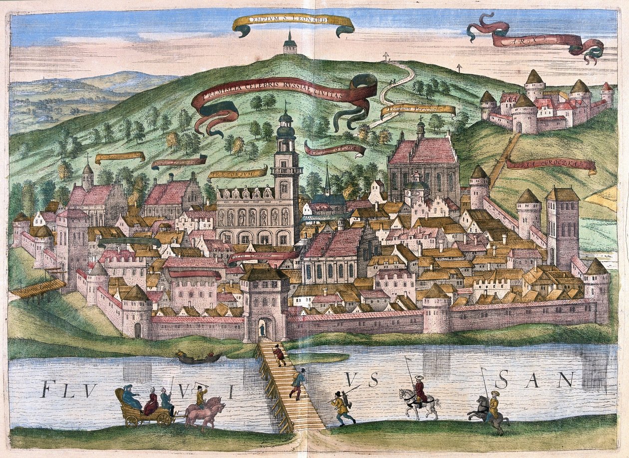 Przemysl, Polen (gravyr av Georg Braun and Hogenberg Franz
