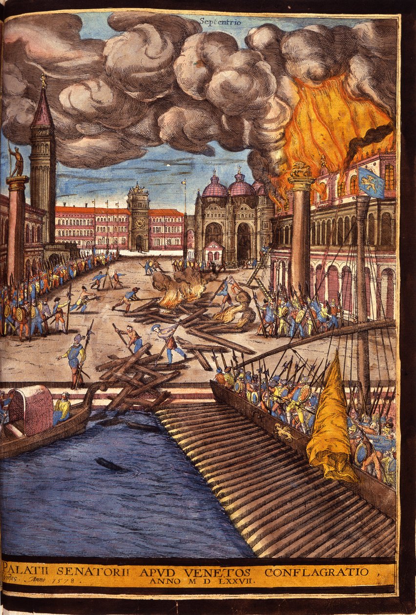 Den stora branden i hertigpalatset på Markusplatsen i Venedig 1577. Gravyr av George Braun I "Civitatis Orbis Terrarum" Volym I skriven av Franz Hogenberg (1535-1590). av Georg Braun and Hogenberg Franz
