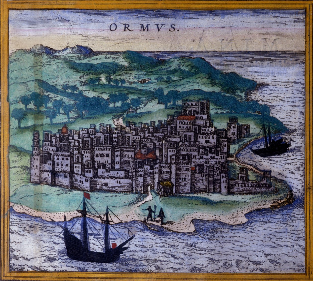 Den iranska ön Ormuz eller Hormuz på vägen till Inderna efter Atlas "Civitates Orbis Terrarum" av Braun och Hogenberg av Georg Braun and Hogenberg Franz