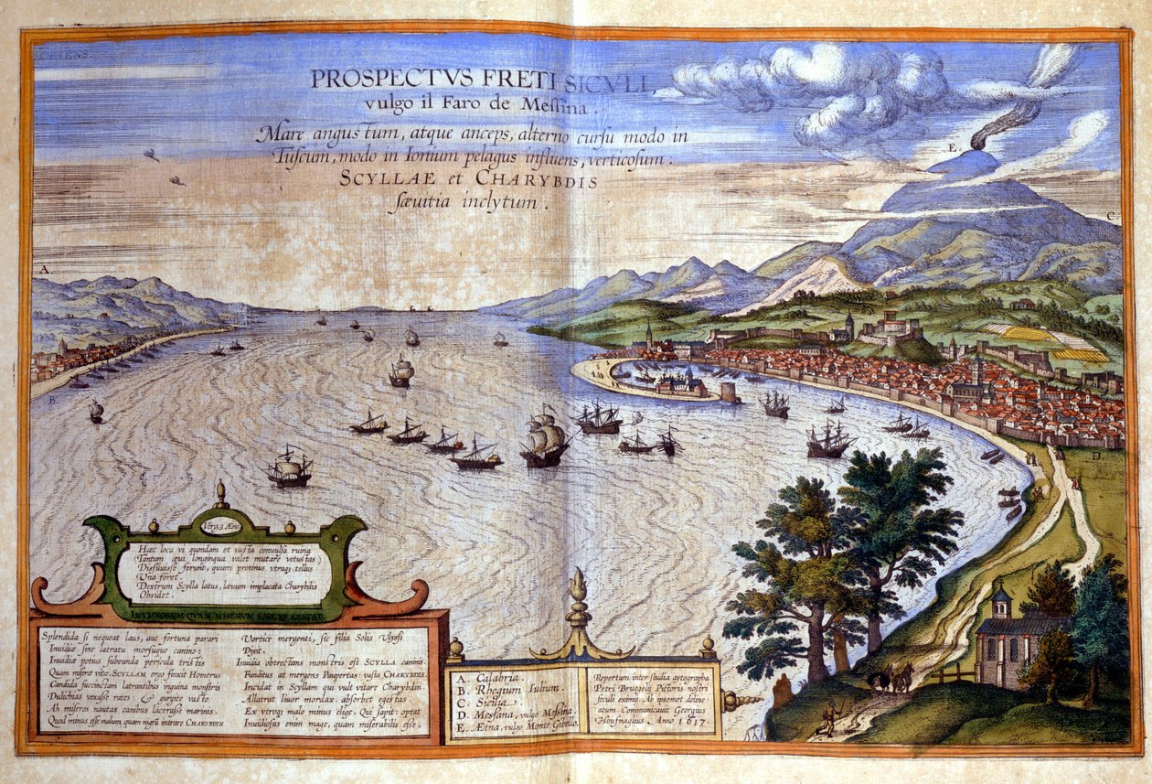 Messinasundet - Kalabrien ligger till vänster medan Messina och Etna ligger till höger på Sicilien. Atlas de Braun och Hogenberg av Georg Braun and Hogenberg Franz