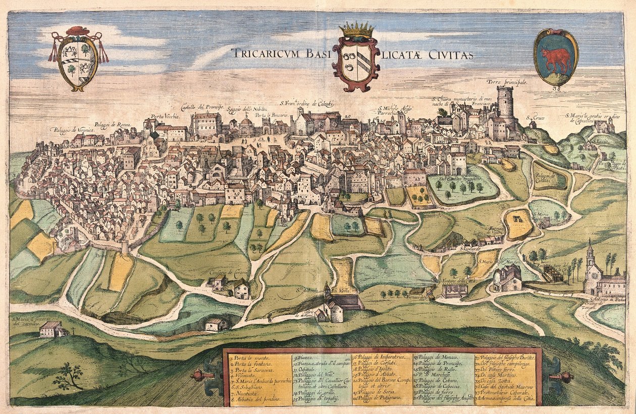 Tricario, region Basilikat, Italien (gravyr av Georg Braun and Hogenberg Franz