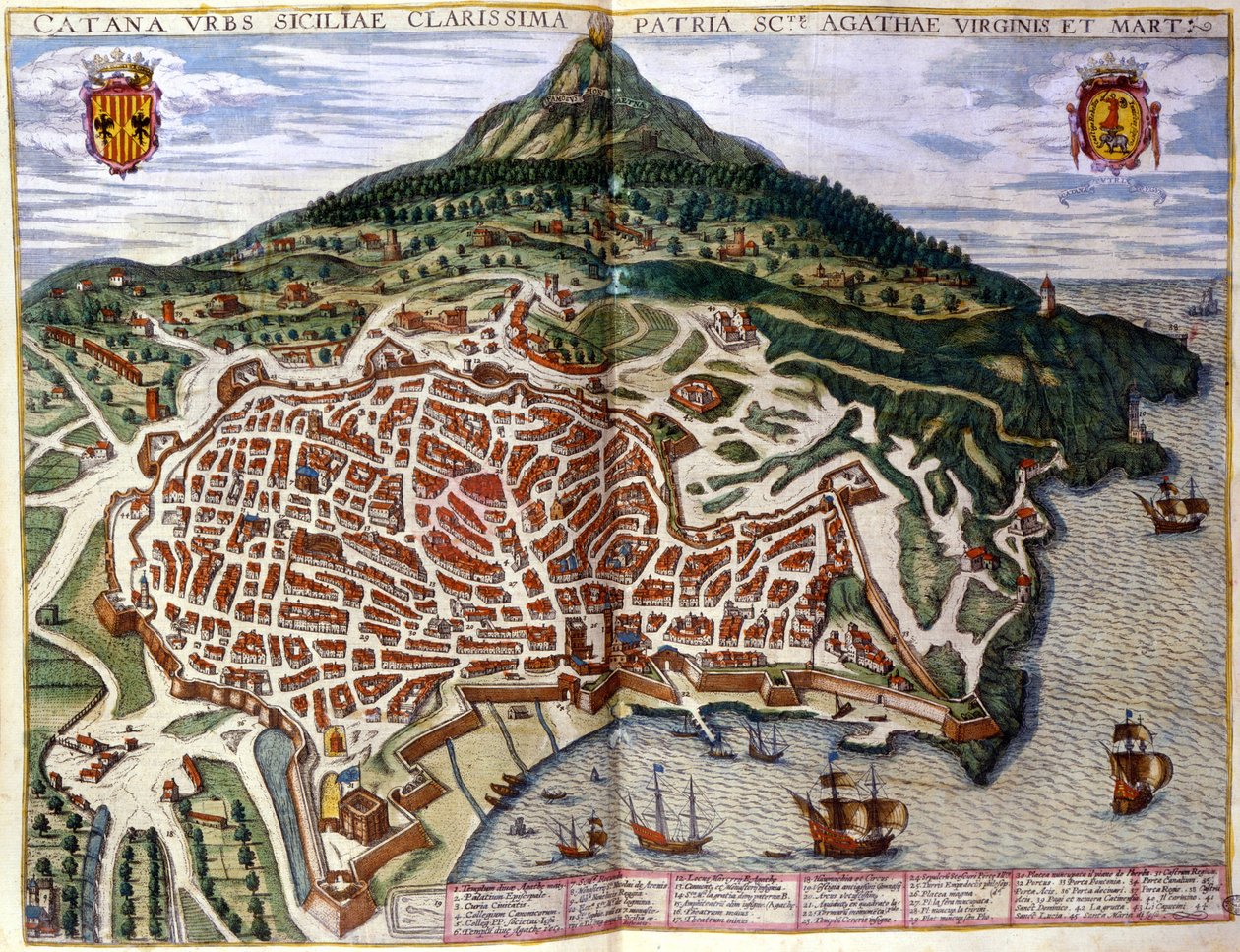Utsikt över Catania och Etna på Sicilien. Atlas över Braun & Hogenberg. 1585, Amsterdam. av Georg Braun and Hogenberg Franz