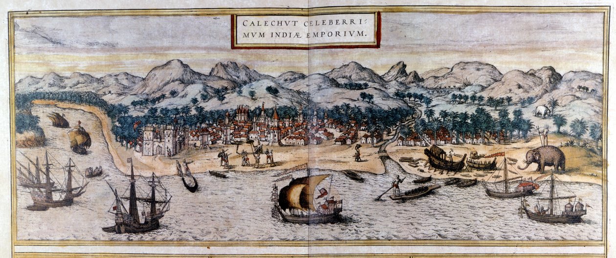 Utsikt över Kozhikode eller Calicut i Indien från Atlas "Civitates Orbis Terrarum" av Braun & Hogenberg av Georg Braun and Hogenberg Franz