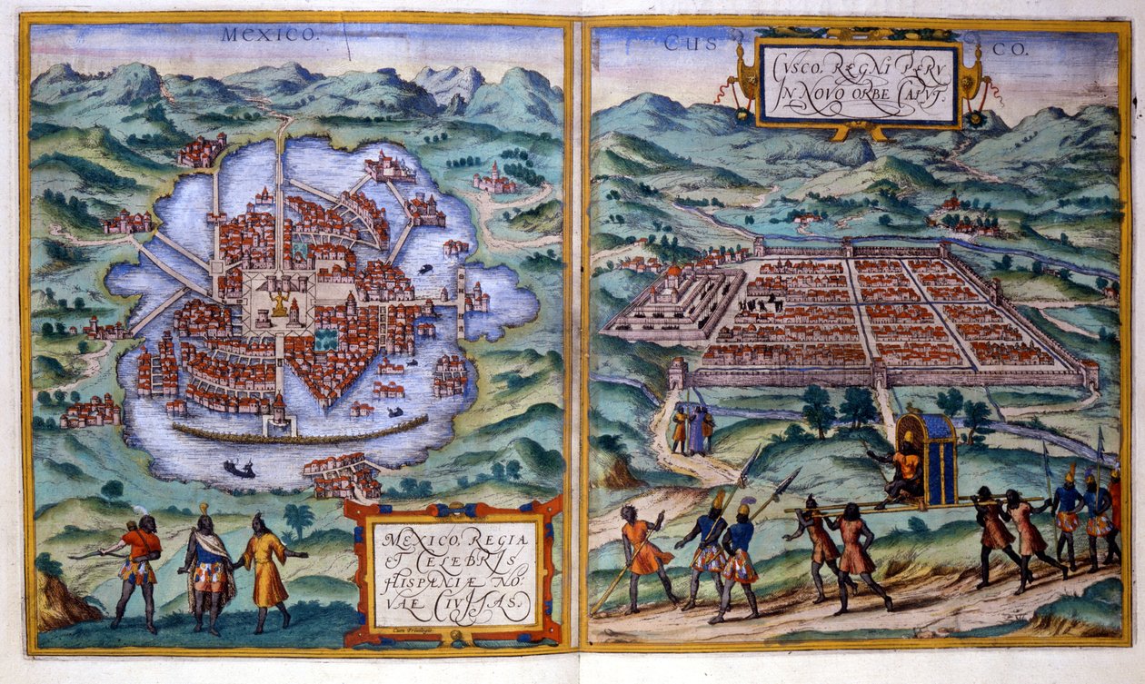 Utsikt över Mexico City (Mexiko) och Cuzco (Peru). Atlas Braun & Hogenberg av Georg Braun and Hogenberg Franz