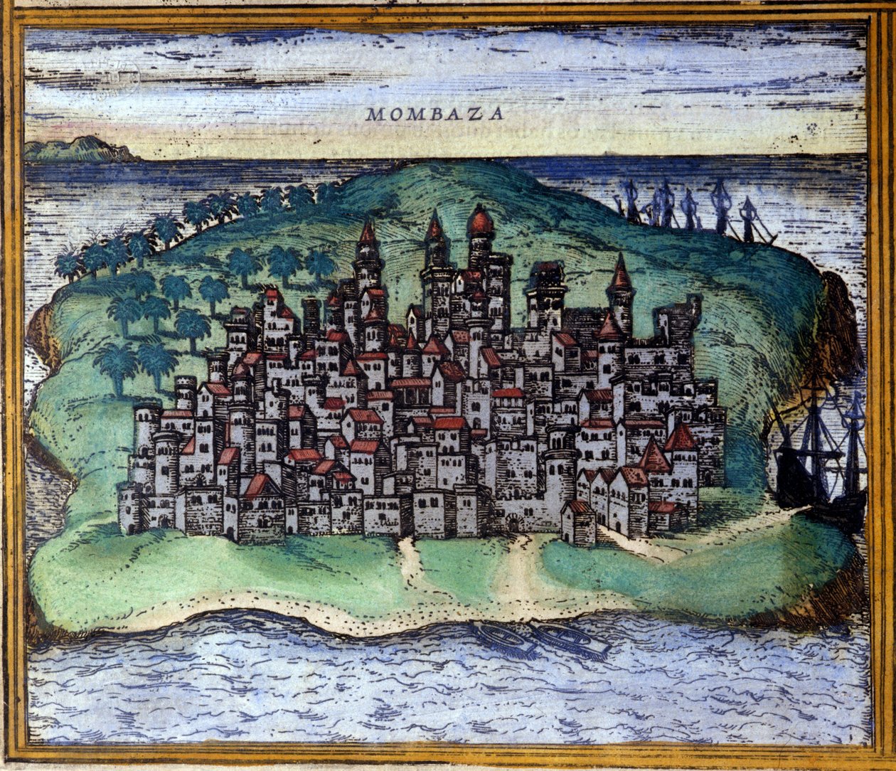 Utsikt över Mombasa eller Mombassa, Kenya under 1500-talet, enligt Atlas "Civitates Orbis Terrarum" av Braun och Hogenberg av Georg Braun and Hogenberg Franz