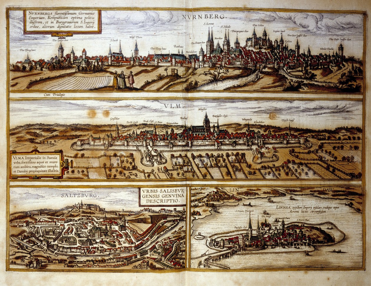 Vy över de tyska städerna Nürnberg och Ulm, Salzburg, Österrike. Gravyr från Atlas över "Braun och Hogenberg" 1572 av Georg Braun and Hogenberg Franz