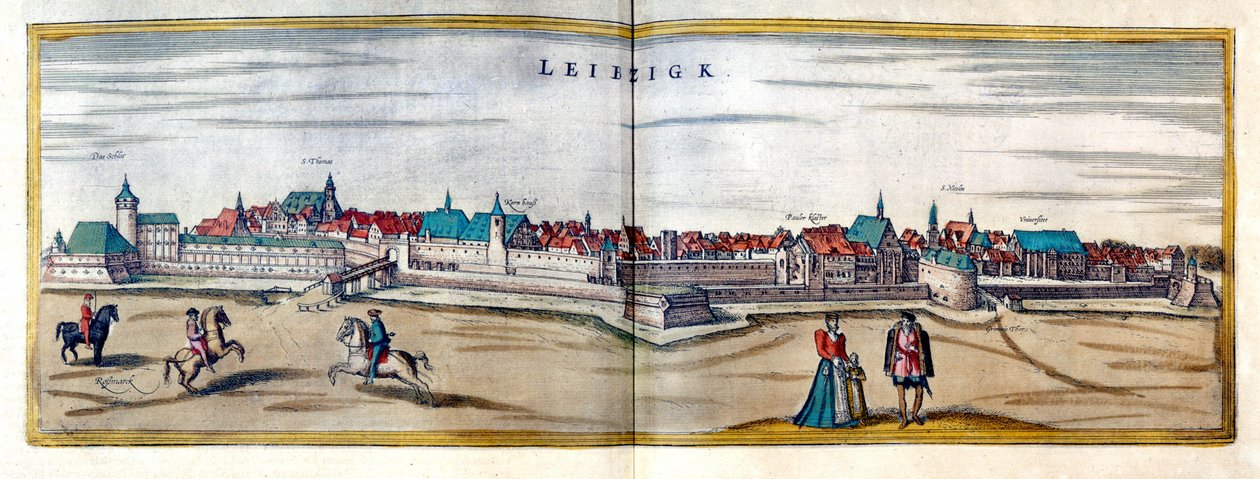 Utsikt över staden Leipzig i Tyskland. Gravyr från atlasen över "Braun och Hogenberg" från början av 1600-talet av Georg Braun and Hogenberg Franz