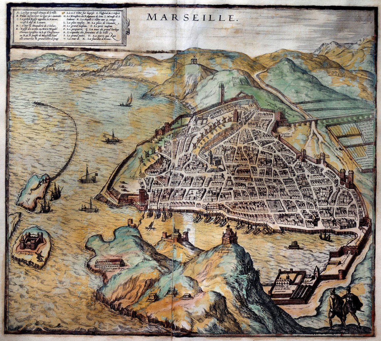 Utsikt över staden Marseille med gatukarta. Gravyr från Atlas de Braun och Hogenberg 1572 Marseille, Musee de la Marine av Georg Braun and Hogenberg Franz