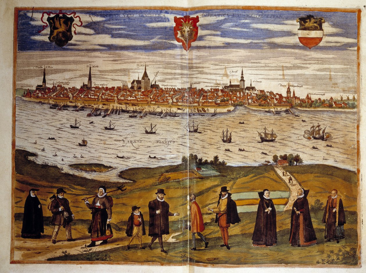 Utsikt över staden Roztock, Tyskland. Gravyr från atlasen över "Braun och Hogenberg" 1572 av Georg Braun and Hogenberg Franz
