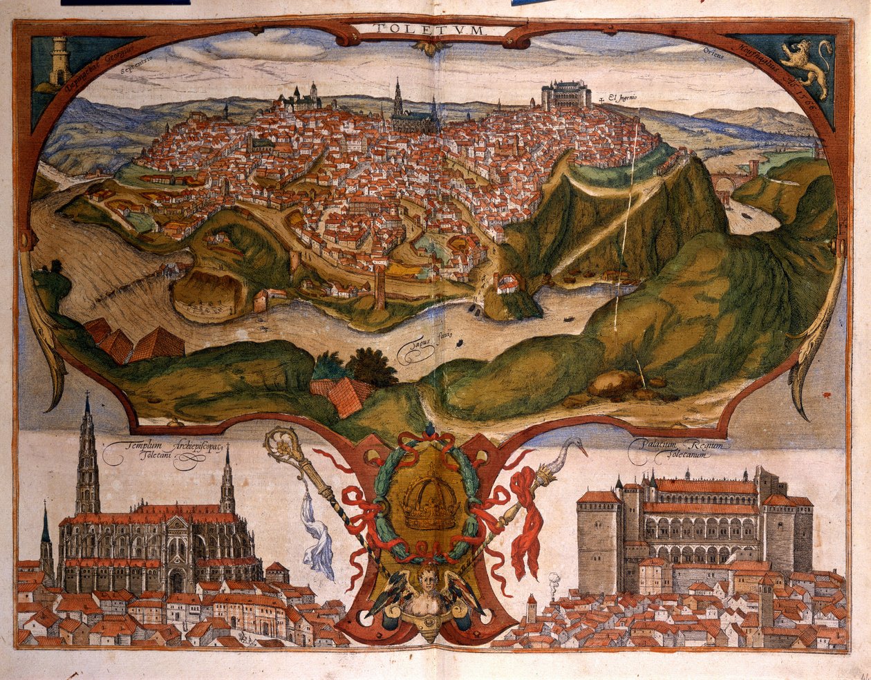 Utsikt över staden Toledo på 1500-talet. Gravyr av George Braun i "" Civitatis Orbis Terrarum"" Volym I skriven av Franz Hogenberg (1535-1590) av Georg Braun and Hogenberg Franz