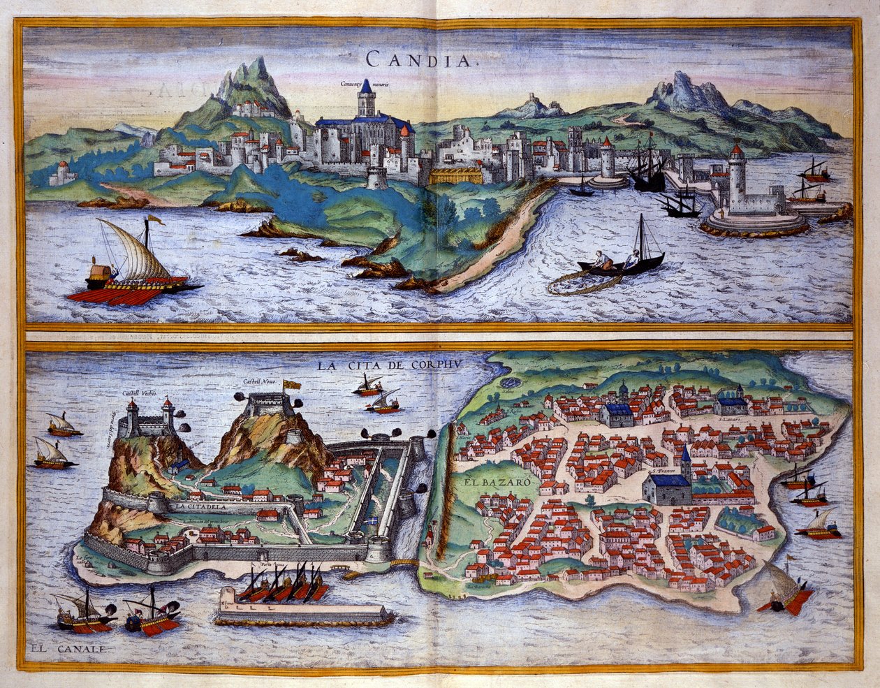 Utsikt över hamnen i Candie (dagens Heraklion) på Kreta och hamnen på Korfu i Grekland Gravyr av George Braun i "" Civitatis Orbis Terrarum""" Volym I skriven av Franz Hogenberg (1535-1590) av Georg Braun and Hogenberg Franz