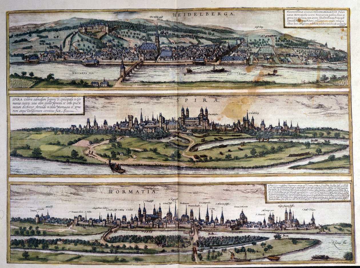 Utsikt över tre städer i Tyskland: Heidelberg, Spire, Worms. Atlas över Braun och Hogenberg. 1550. av Georg Braun and Hogenberg Franz