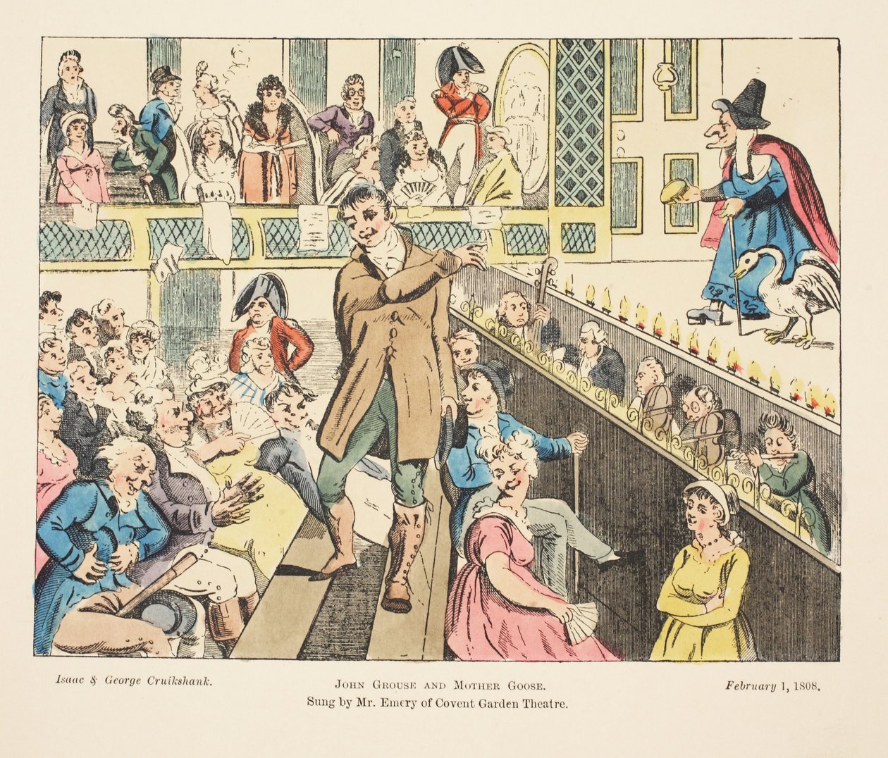 John Grouse och Mother Goose, sjungs av Mr Emery från Covent Garden, pub. 1808 (handfärgad gravyr) av Isaac, Robert and George Cruikshank