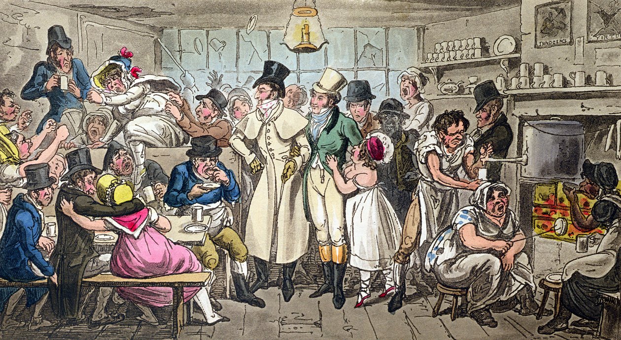 Tom och Jerry på ett kafé nära Olympic Theatre, Strand, Midnight, publicerat i "Life in London", 1820 (akvatint) av Isaac, Robert and George Cruikshank