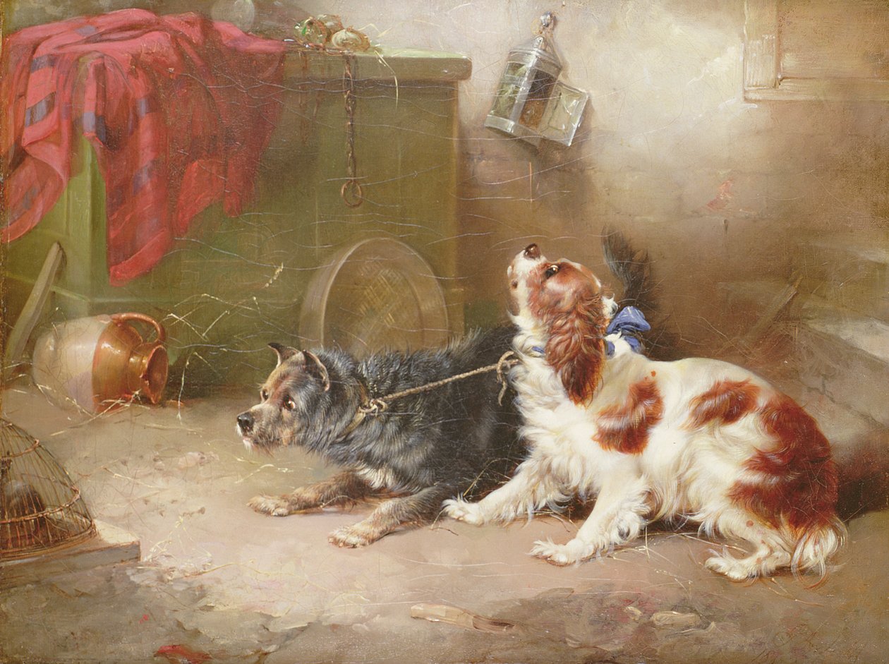 En terrier och en King Charles Spaniel som skrämmer en råtta av George Armfield