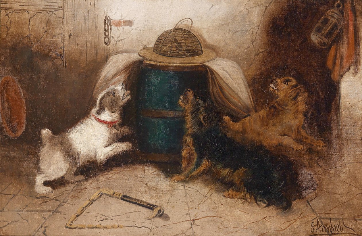 Three Dogs Barking at a Mouse av George Armfield