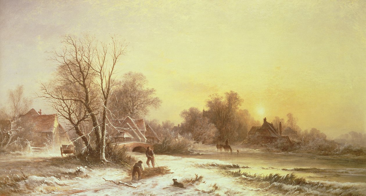 Vinterscen: Samla ved på en flodstrand av George Augustus Williams