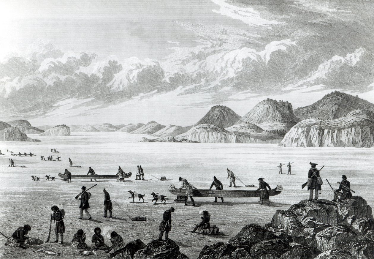 Expedition som går genom Point Lata på isen, graverad av Edward Francis Finden (1791-1857) 25 juni 1821 av George Back