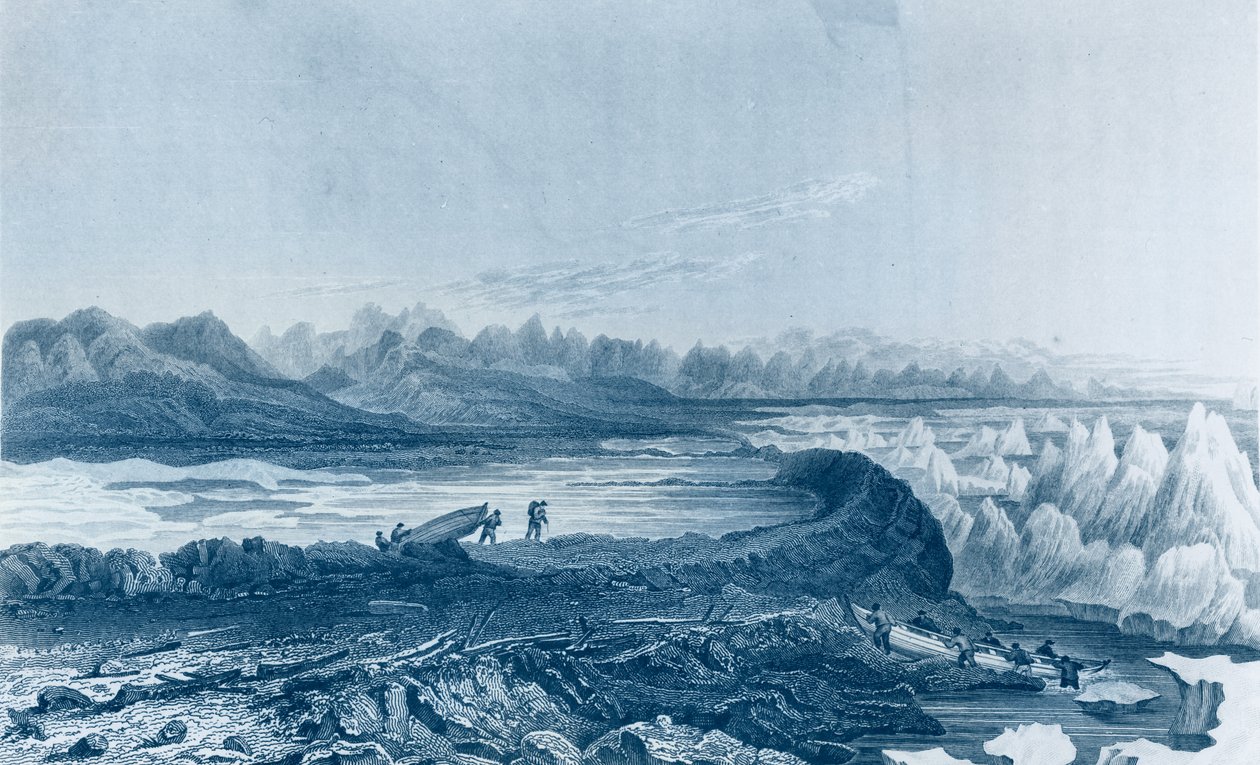 Sjösättning av båtar över ett rev mittemot Mount Conybeare, från "Narrative of a Journey to the Shores of the Polar Sea in the Years 1819-22" av Sir John Franklin (1786-1847) graverad av Edward Finden av George Back