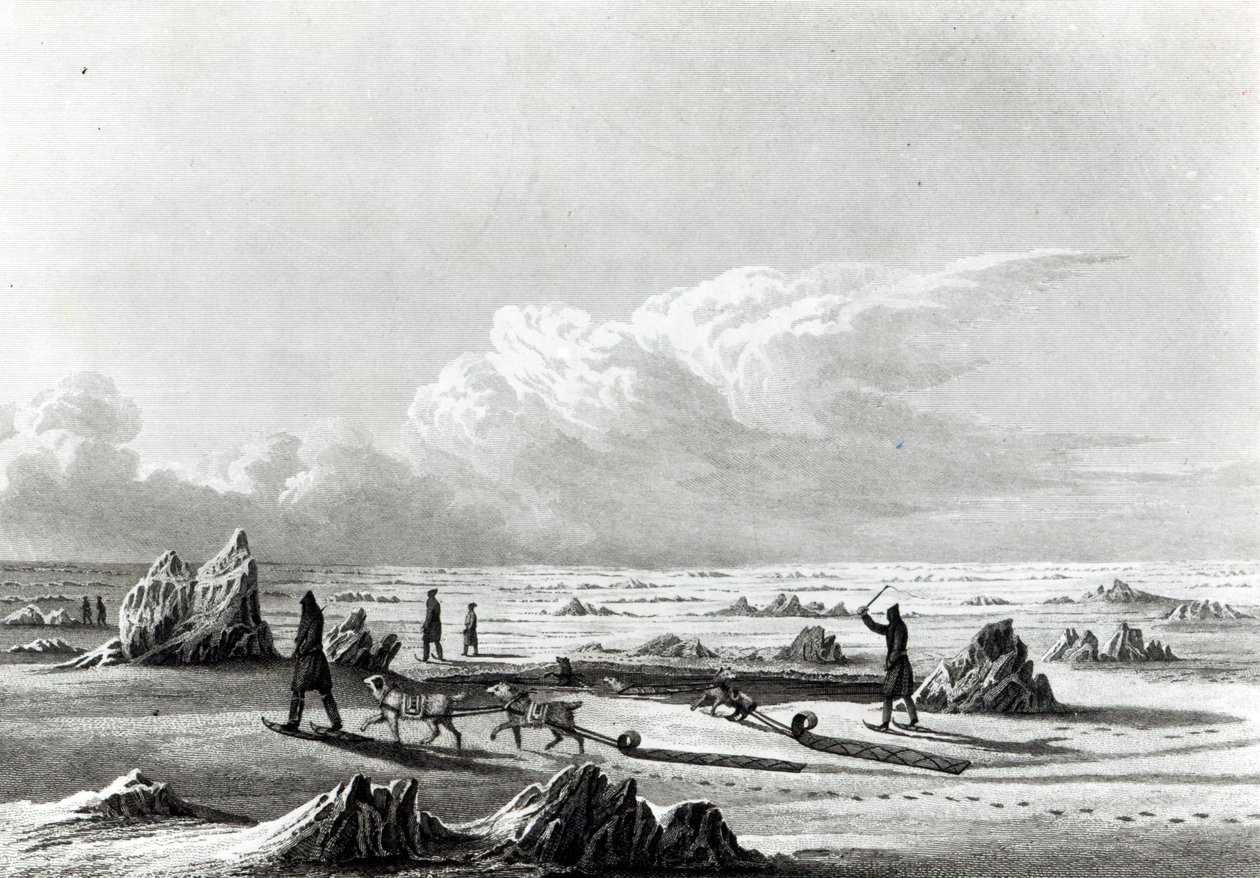 Vinterresor på Great Slave Lake, från "Resan till Polarhavet", graverad av Edward Finden (1791-1857) av George Back