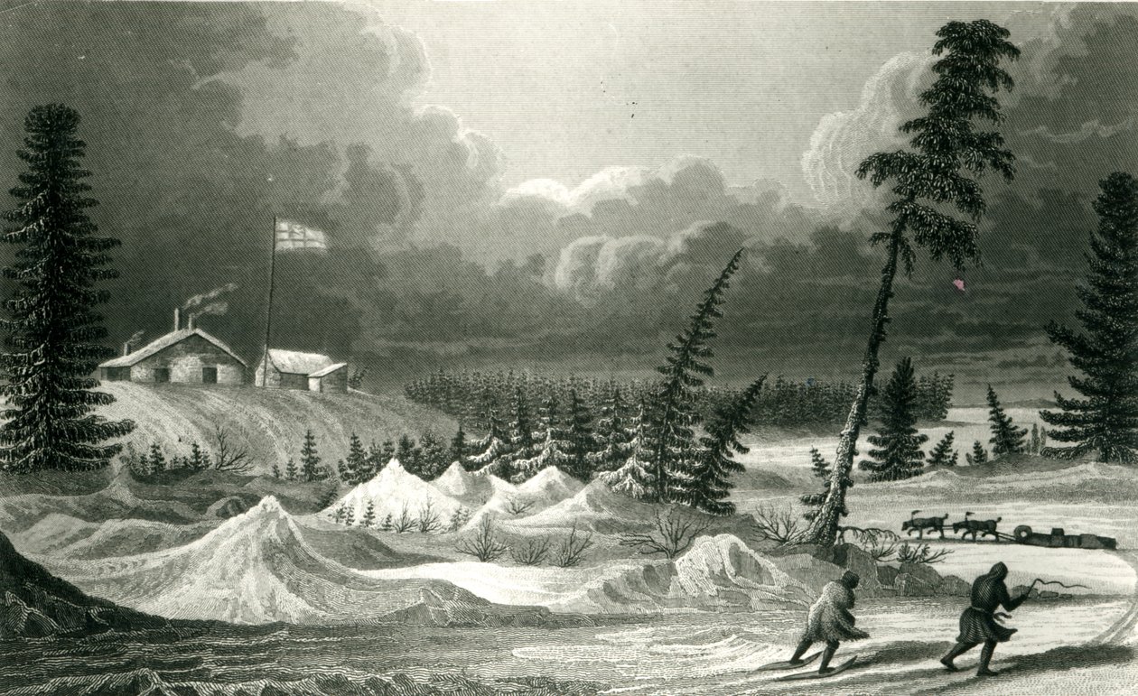 Vintervy över Fort Franklin, graverad av Edward Francis Finden (1791-1857) maj 1828 av George Back