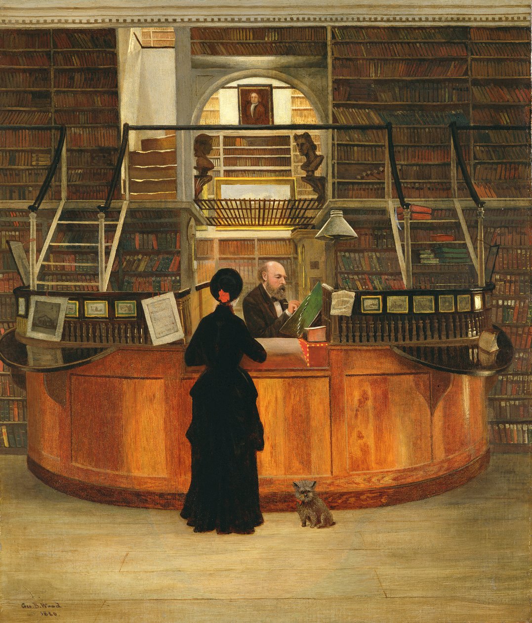 Interiören av Logan Library Philadelphia, med bibliotekarien LLoyd Pearsall Smith vid sitt skrivbord, 1880 av George Bacon Wood
