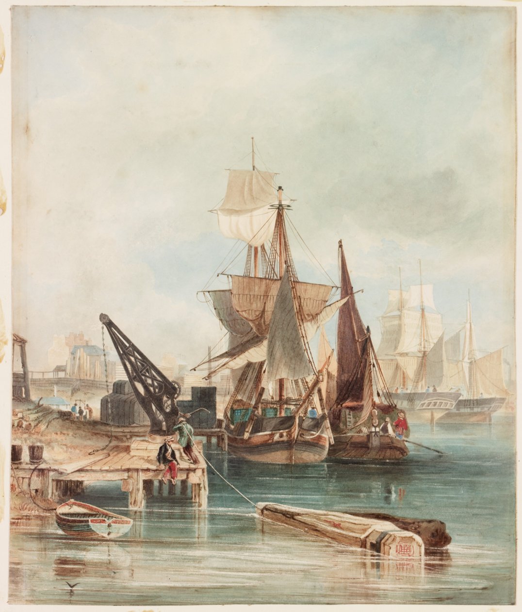 River Scene with Shipping (kroppsfärg och akvarell på papper (klistrad ombord)) av George Balmer