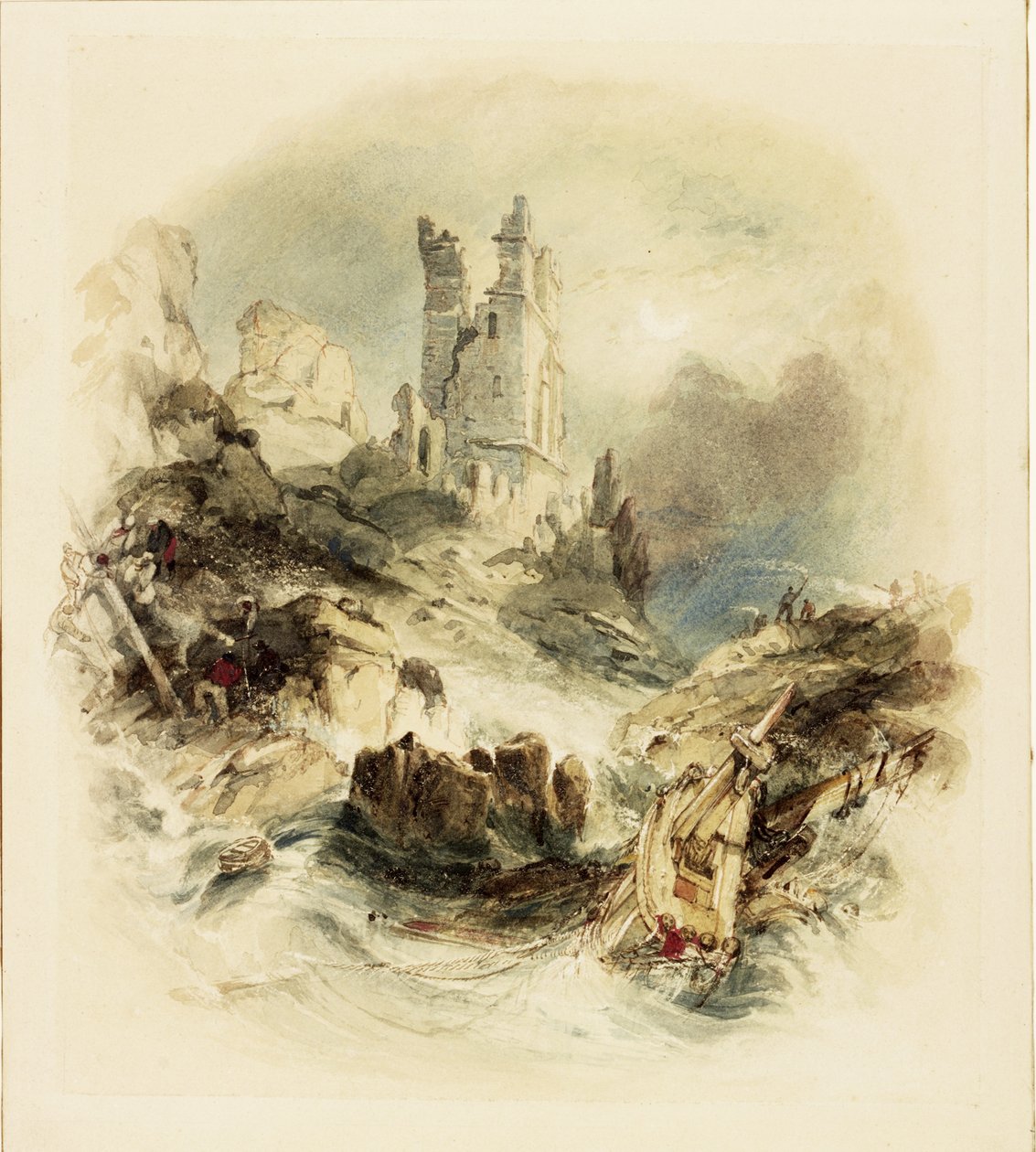 Skeppsbrott utanför Dunstanburgh Castle (akvarell och skrapa ut) av George Balmer
