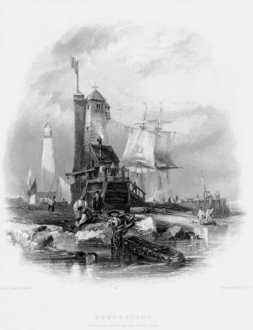Sunderlands fyr på södra piren, 1841 av George Balmer