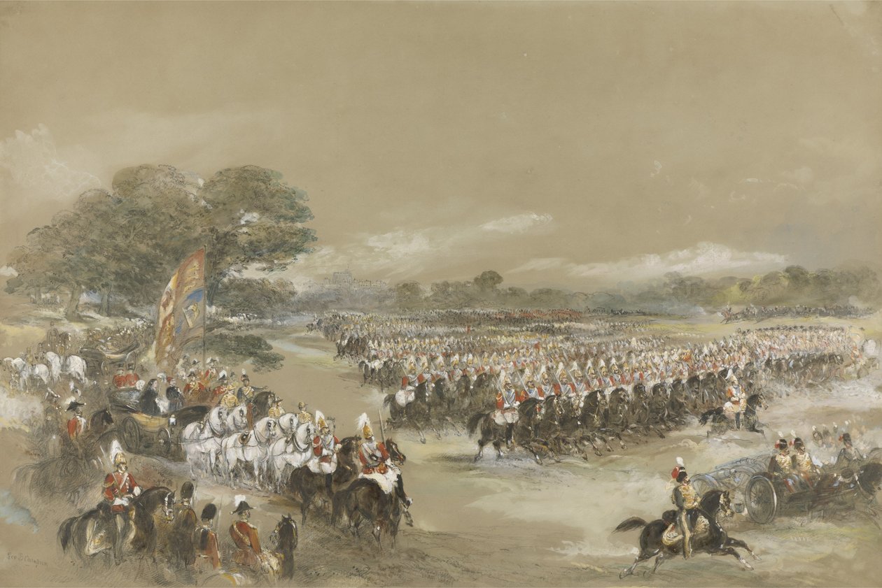 Kunglig recension i Windsor, drottning Victoria och Khedive Ismail Pashe av Egypten, 26 juni 1868 (wc, gouache och svart krita) av George Bryant Campion