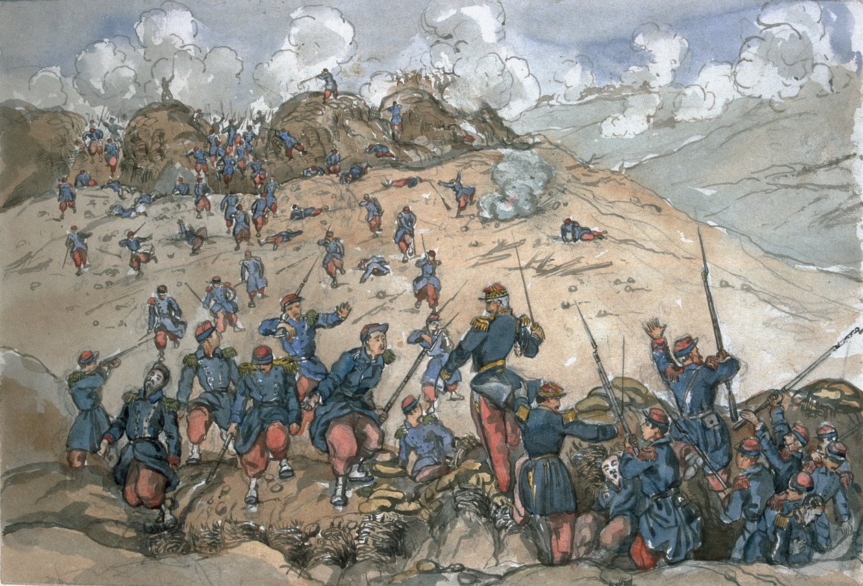 Attack av Bastion Central av de franska trupperna under general Desalles under belägringen av Sebastopol, från ett album med målningar och skisser känt som "Cadogan