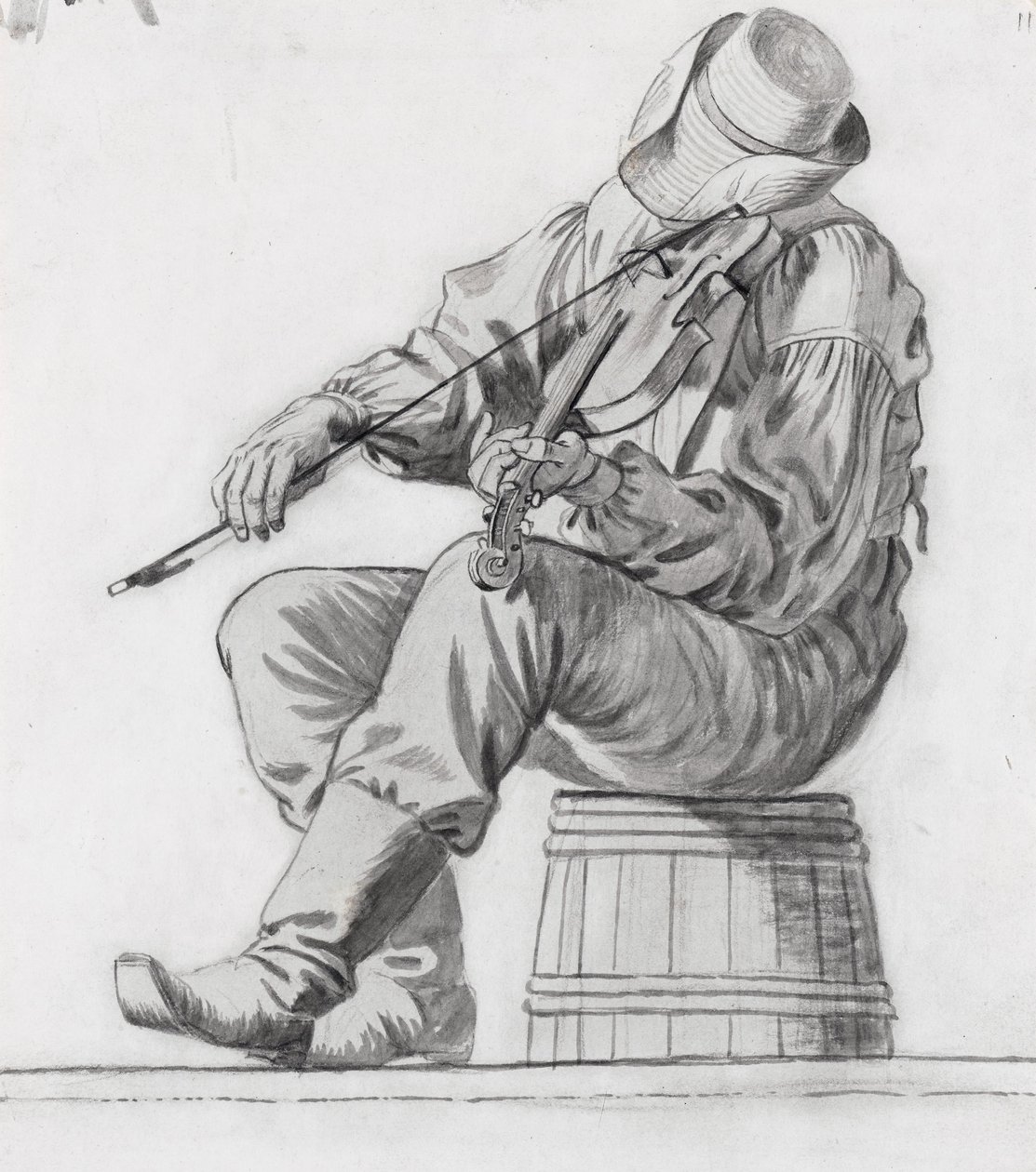 Fiddler (studie för The Jolly Flatboatmen) (recto) av George Caleb Bingham