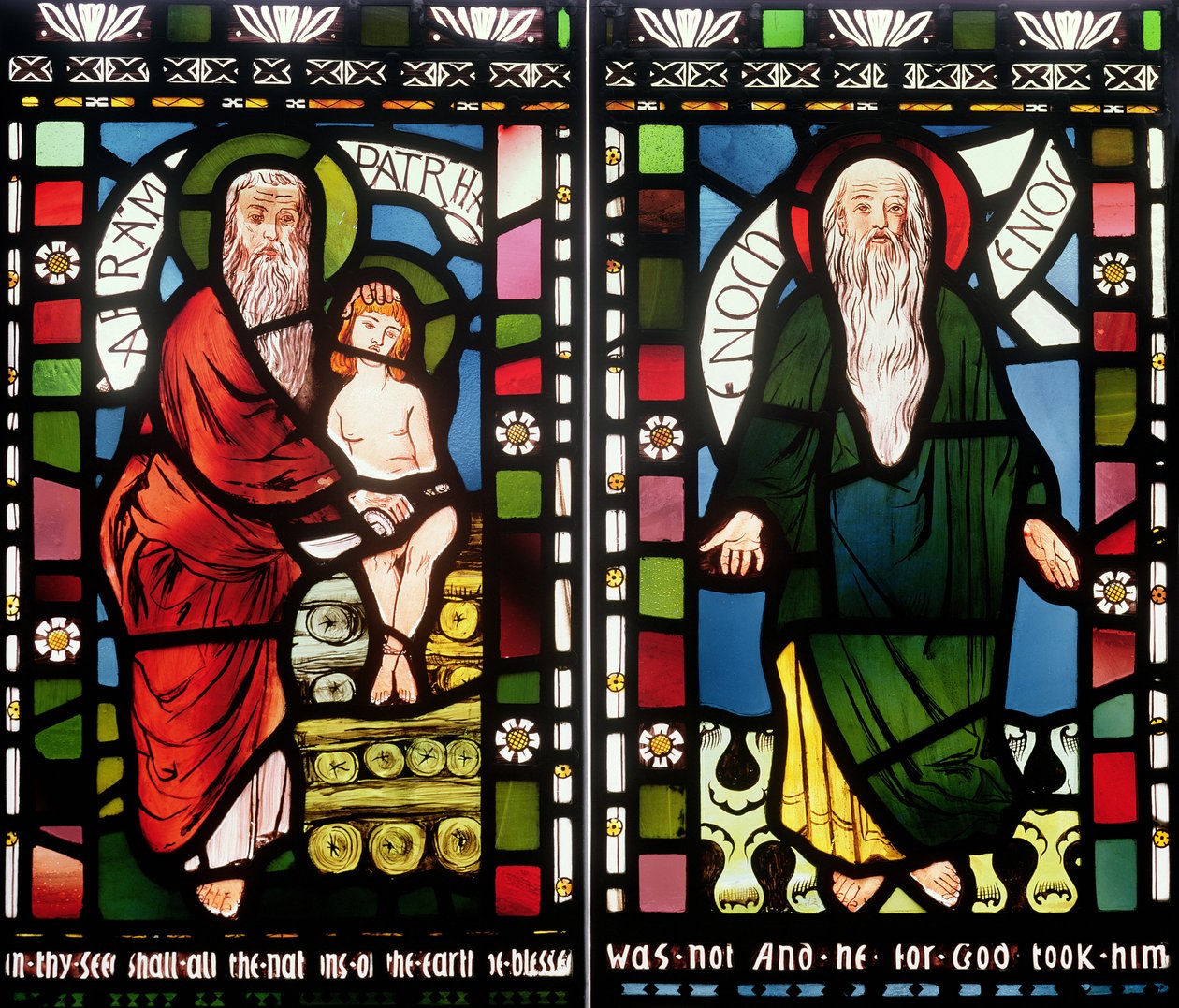 Abraham och Enok, detalj från skapelsens fönster, 1861 (målat glas) (se 120153) av George Campfield