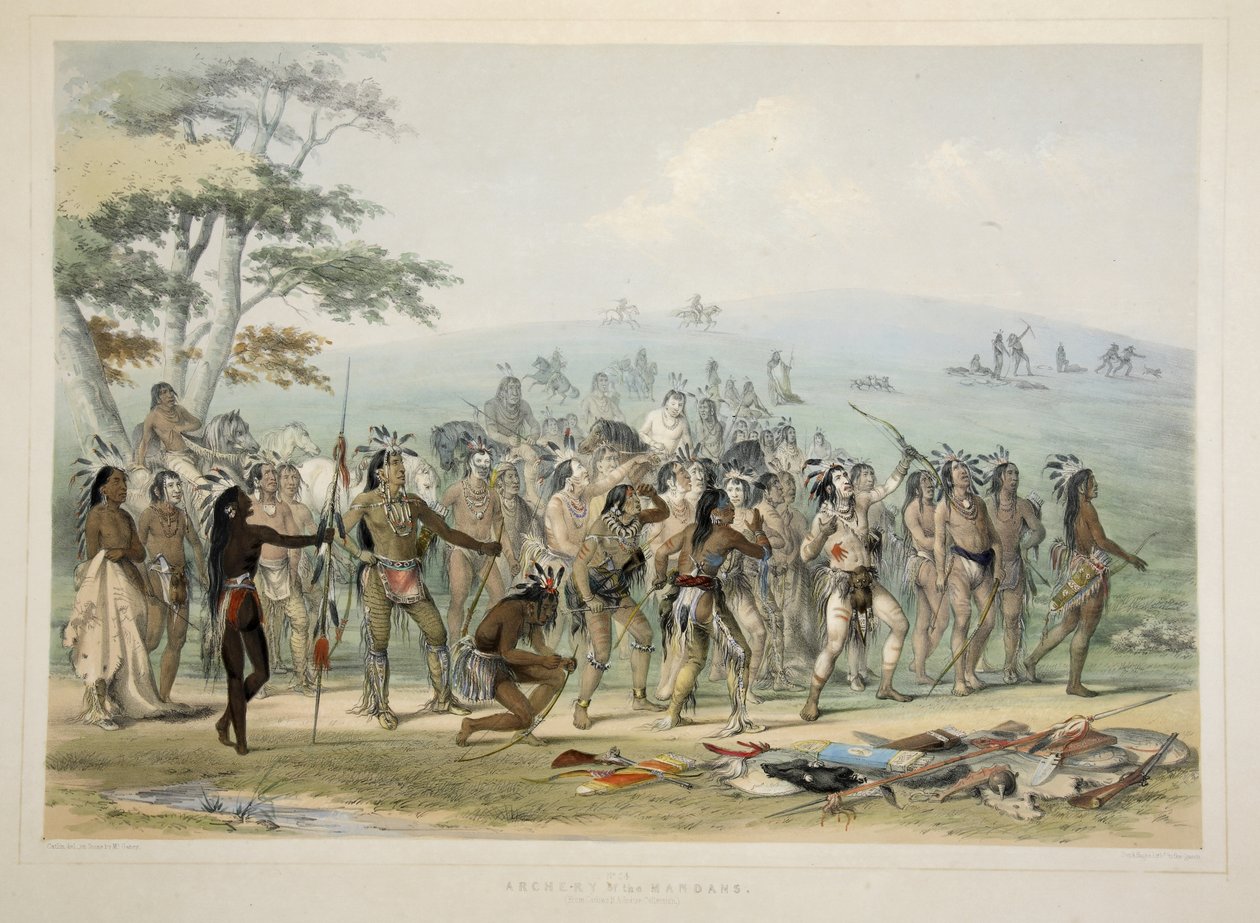 Archery of the Mandans, från Catlins North American Indian Portfolio. Jaktscener och nöjen i Rocky Mountains and Prairies of America, pub. 1845 av George Catlin