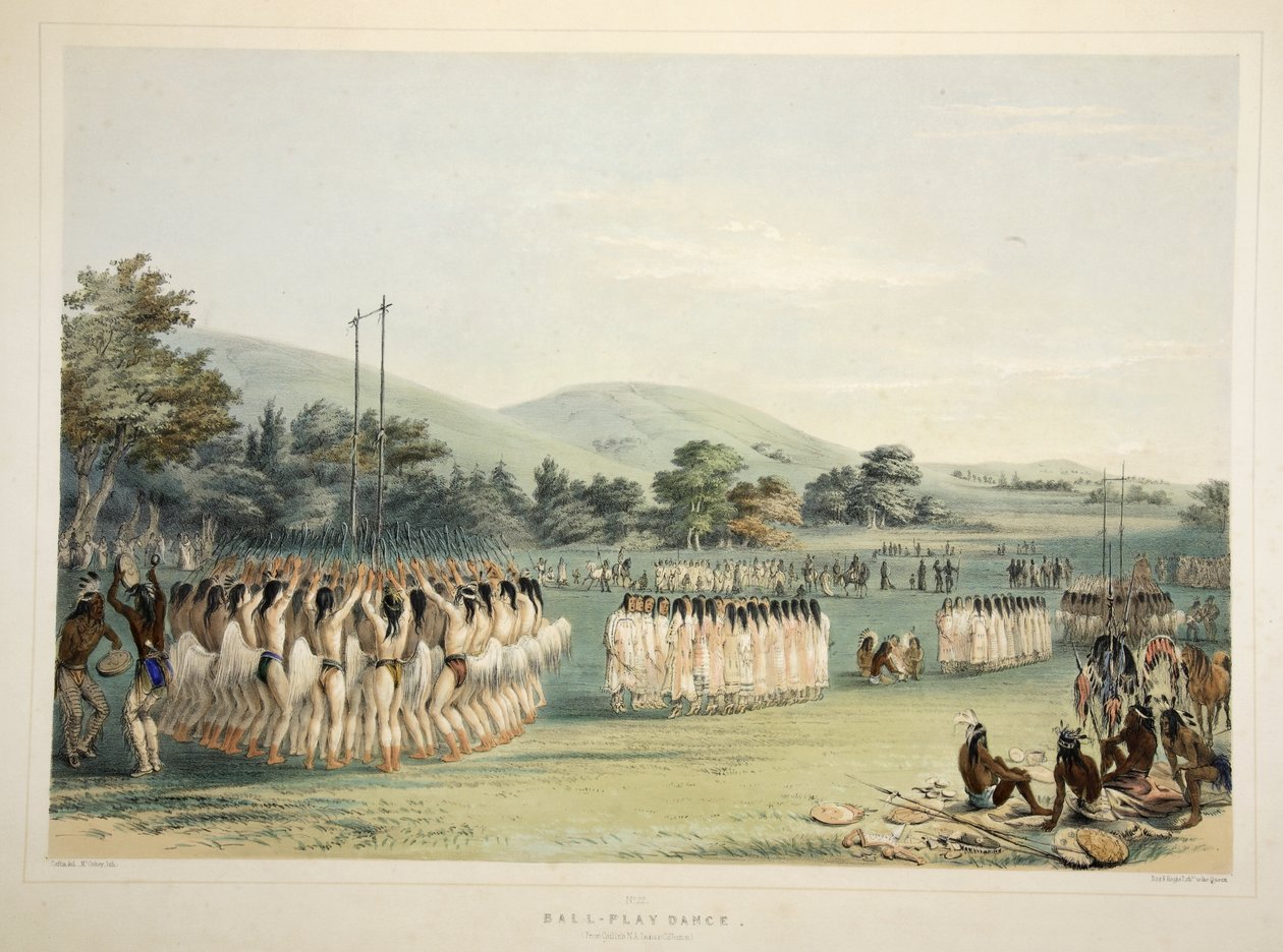 Ball-Player Dance, från Catlins North American Indian Portfolio. Jaktscener och nöjen i Rocky Mountains and Prairies of America, pub. 1845 av George Catlin