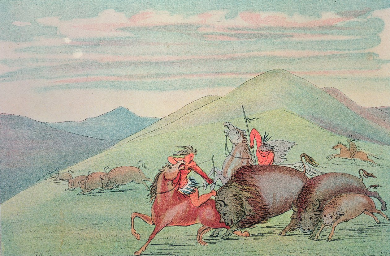 Buffeltjur som skyddar kalven och mamman under attack av George Catlin