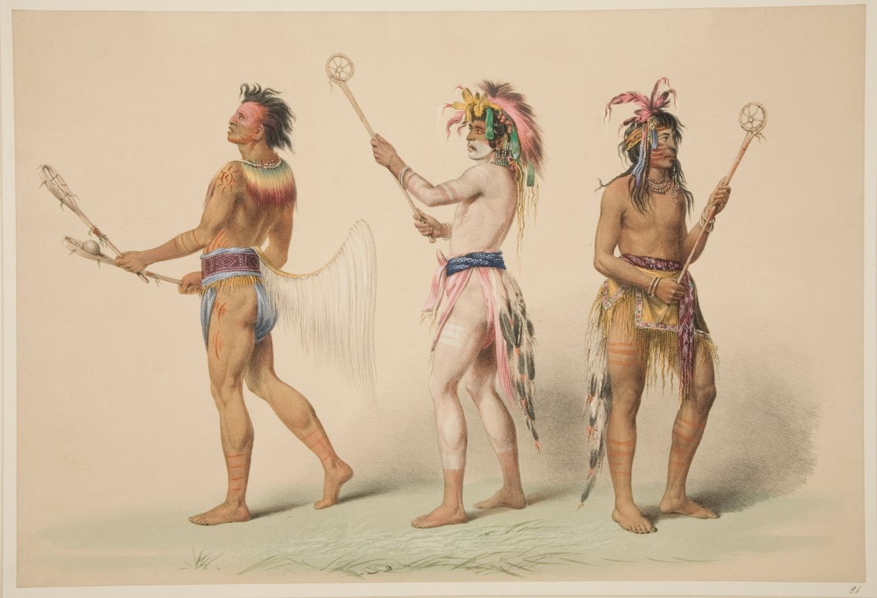 Illustration av lacrossespelare, från Illustrationer av de nordamerikanska indianernas seder, seder och förhållanden, London, 1845 (handfärgad gravyr) av George Catlin