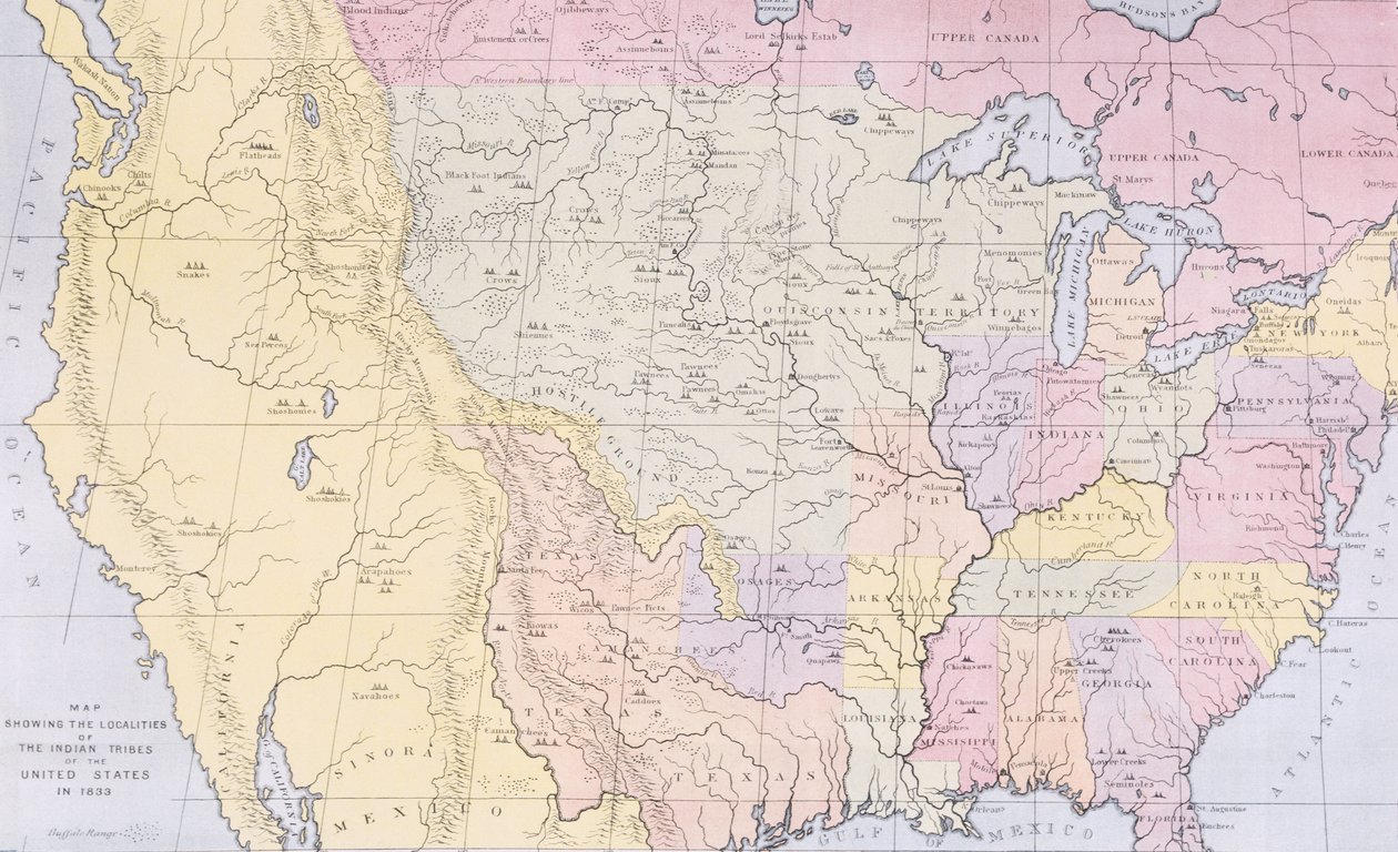 Karta som visar lokaliteterna för de indiska stammarna i USA 1833, illustration från "The Indian Tribes of North America, Vol.3", av Thomas L. McKenney och James Hall, pub. av John Grant (färg litho av George Catlin