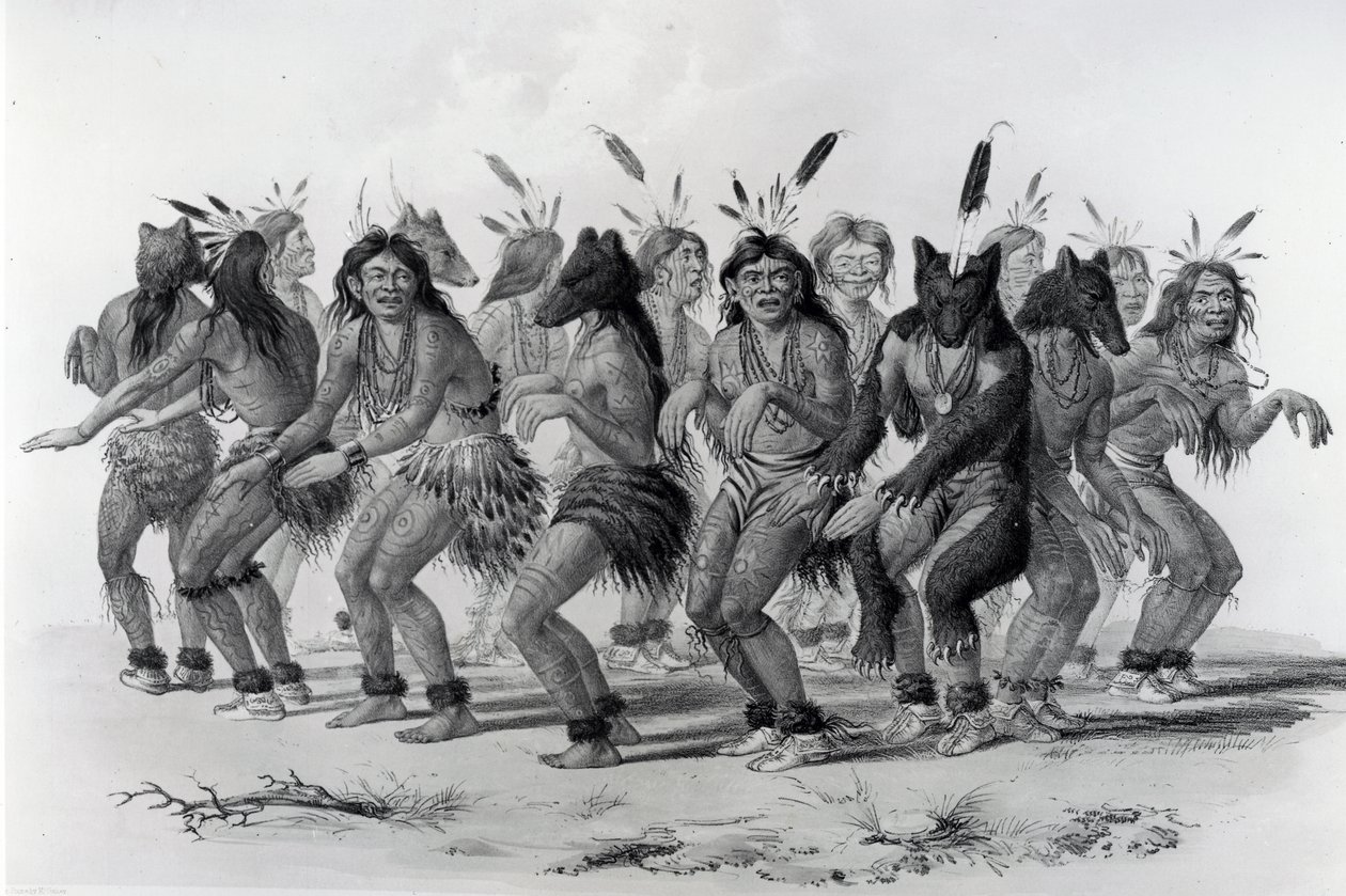 Native American Bear Dance, graverad av John McGahey av George Catlin