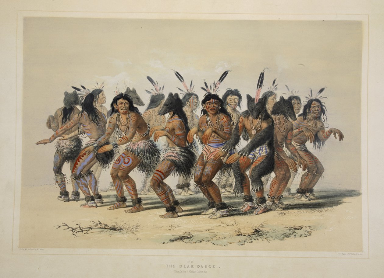 The Bear Dance, från Catlins North American Indian Portfolio. Jaktscener och nöjen i Rocky Mountains and Prairies of America, pub. 1845 av George Catlin