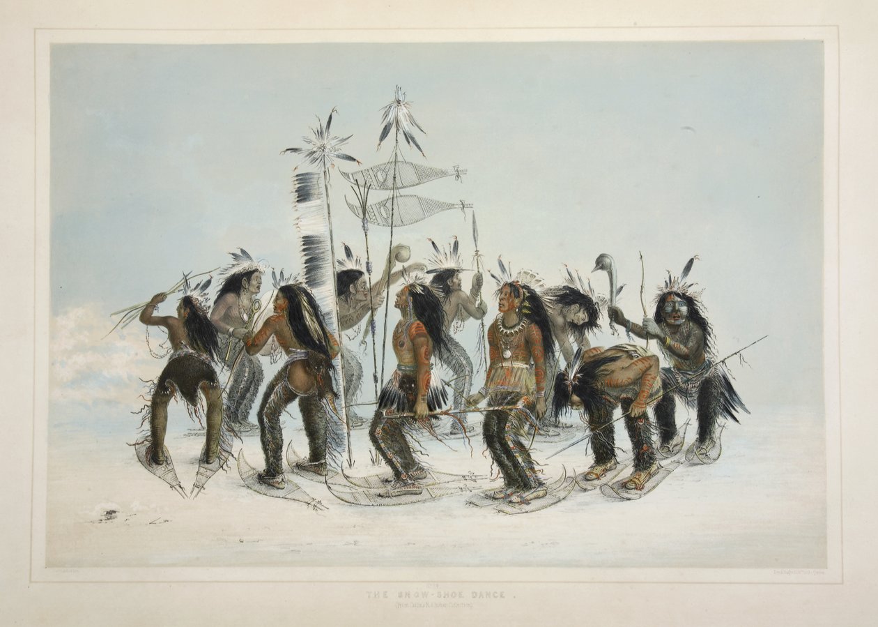 The Snow Shoe Dance, från Catlins North American Indian Portfolio. Jaktscener och nöjen i Rocky Mountains and Prairies of America, pub. 1845 av George Catlin