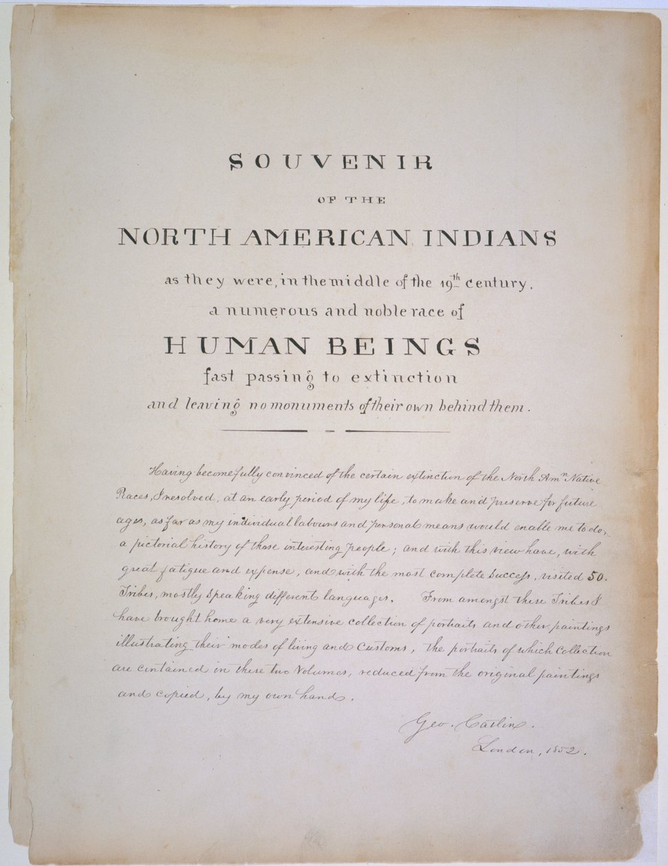 Titelsida till "Souvenir från de nordamerikanska indianerna som de var i mitten av 1800-talet, en talrik och ädel människors som snabbt går över till utrotning", publicerad i London, 1852 (s. av George Catlin