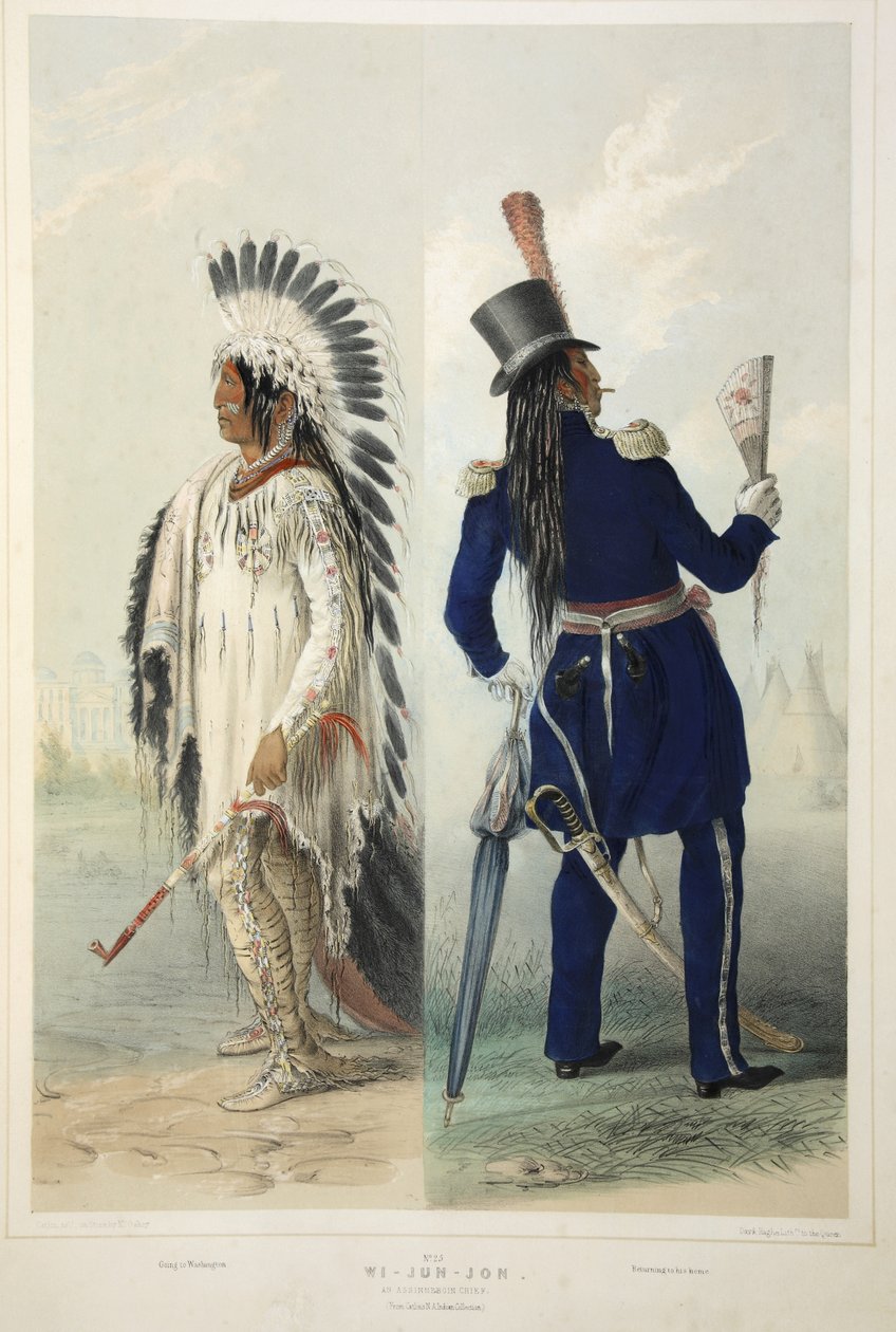Wi-Jun-Jon, en Assinneboin Chief, från Catlins North American Indian Portfolio. Jaktscener och nöjen i Rocky Mountains and Prairies of America, pub. 1845 av George Catlin